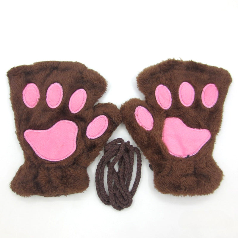 Half-fingered Cartoon Bear Cat Paws Fluff Gloves