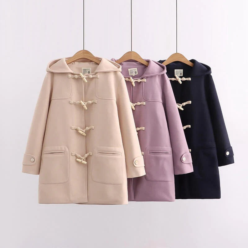 Japanese Fashion Horn Button Long Hooded Coat