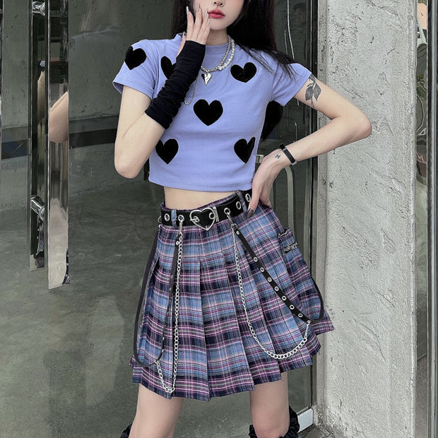 Dark Style Girls Plaid Pleated Skirt with Belt Suit