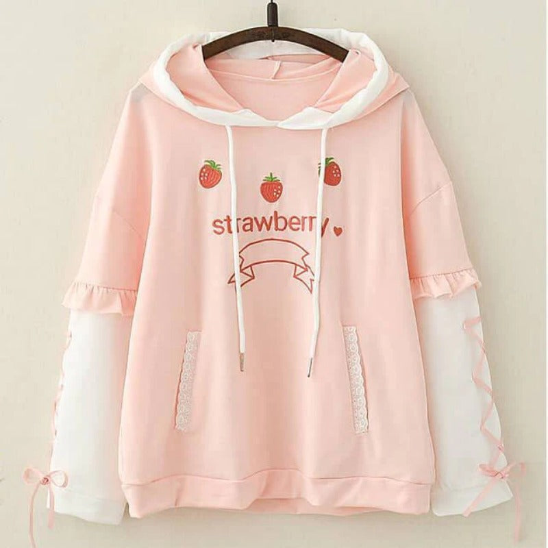 Cute Strawberry Embroidered Drawstring Hoodie