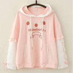 Cute Strawberry Embroidered Drawstring Hoodie