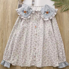 Flower Embroidered Doll Collar Brushed Blouse