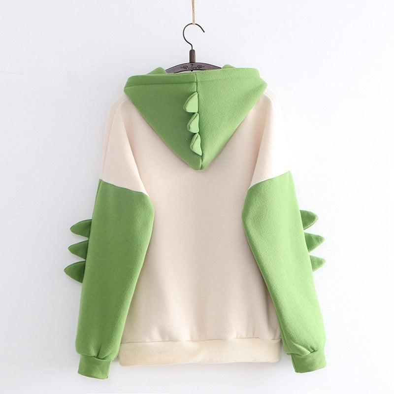 Japanese Style Cute Dinosaur Print Velvet Warm Hoodie