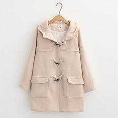 Winter Pure Color Horn Button Woolen Hooded Coat