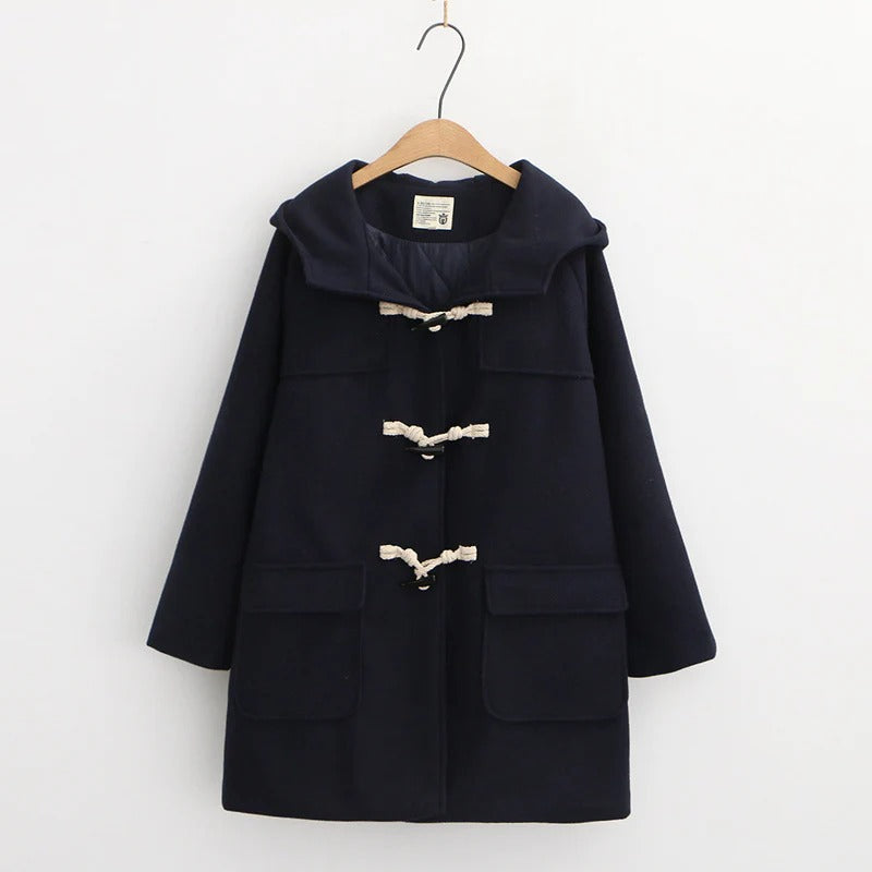 Winter Pure Color Horn Button Woolen Hooded Coat