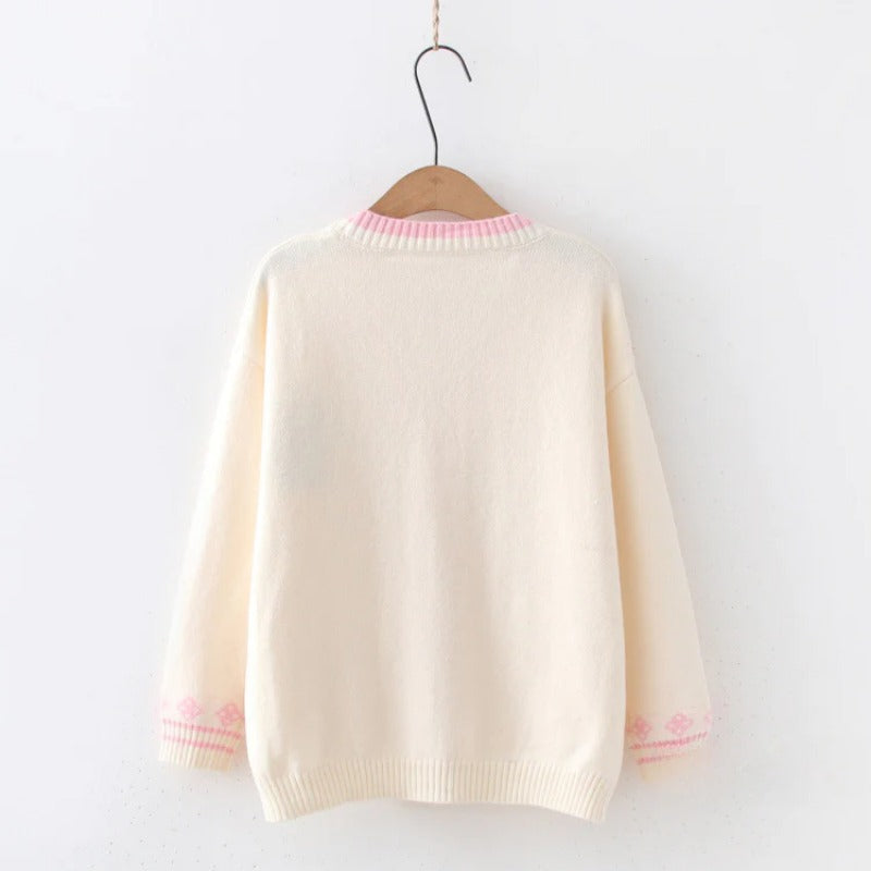 Cute Bunny Yummy Embroidered V-neck Sweater