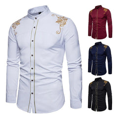 Retro Fashion Men's Floral Embroidery Long Sleeve Shirt