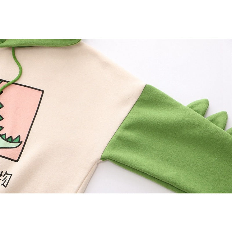 Japanese Style Cute Dinosaur Print Velvet Warm Hoodie