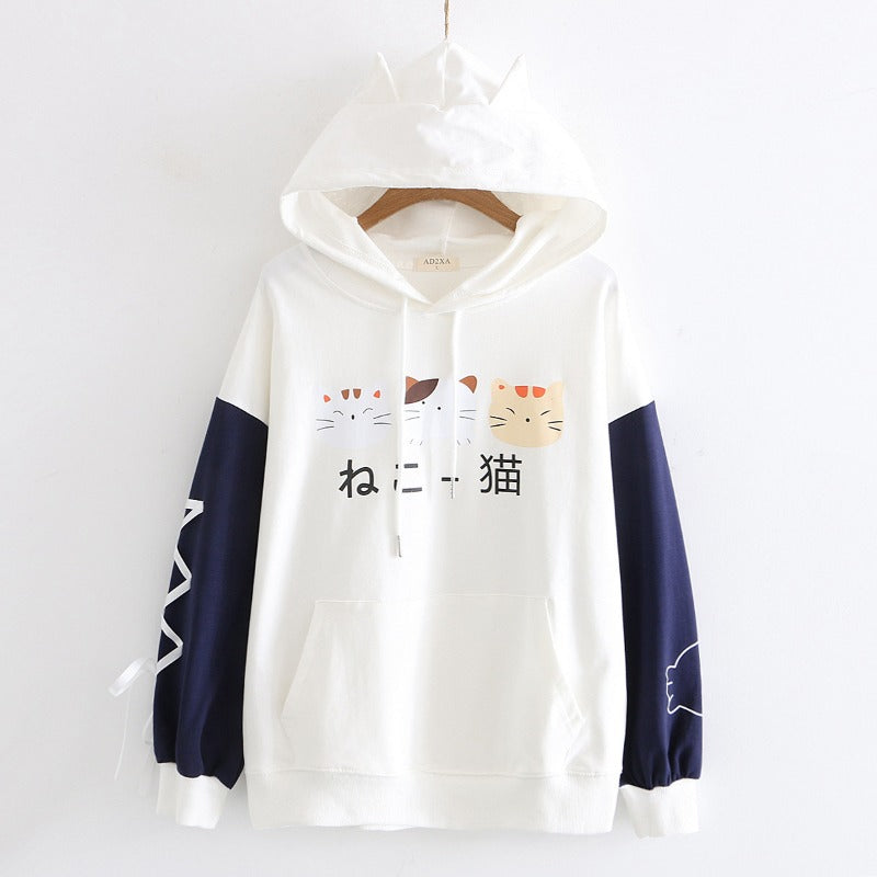 Cute Cat Print Ears Fleece Warm Pullover Hoodie