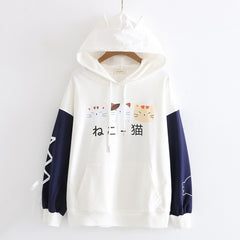 Cute Cat Print Ears Fleece Warm Pullover Hoodie