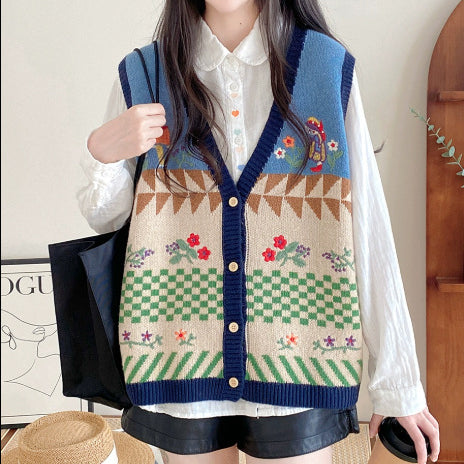 Sweet Embroidered Knitted Vest V-neck Cardigan