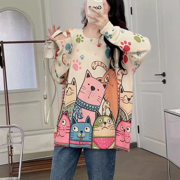 Cute Cats Printed Women's Loose Round Neck Knitted Sweater