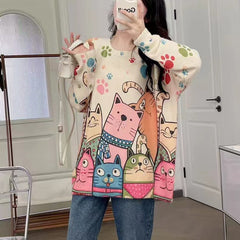 Cute Cats Printed Women's Loose Round Neck Knitted Sweater