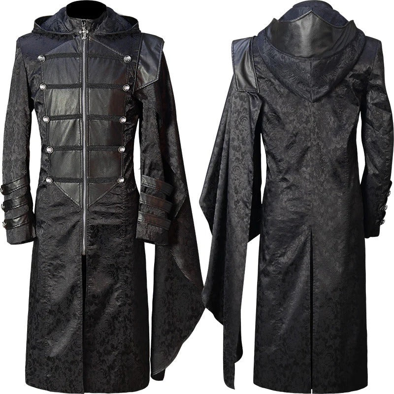 Gothic Medieval Men's Black Costume Hooded Jacket