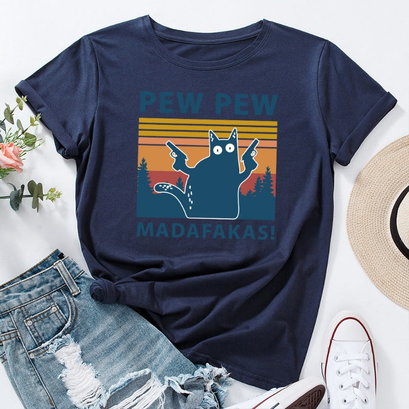 Stylish PEW PEW Cat Loose Round Neck T-shirt