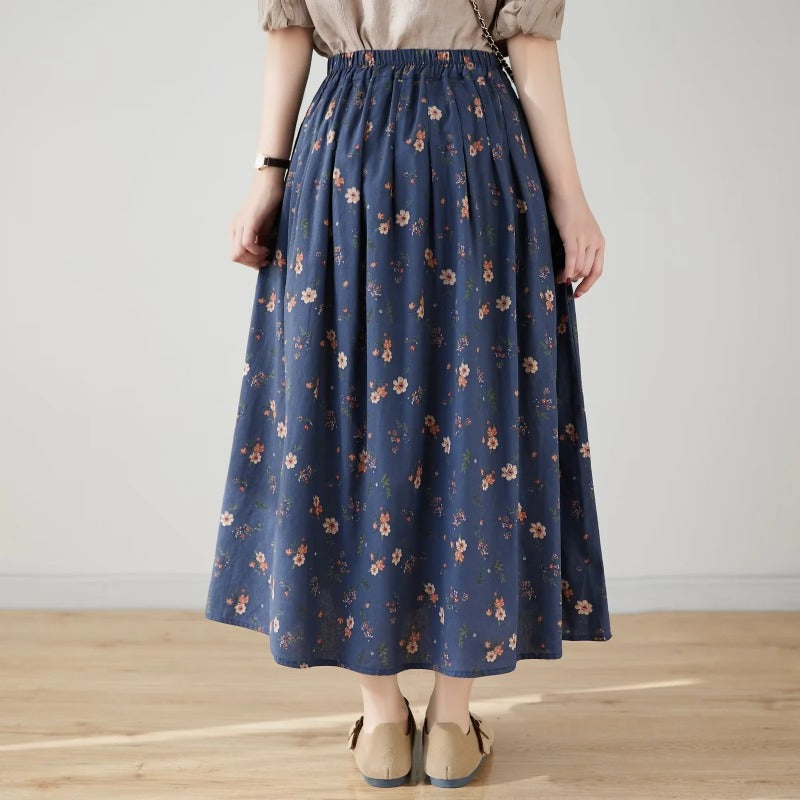 Retro Style Women's Elastic Waist Mid-length Floral Skirt