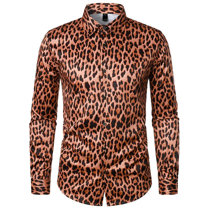 Retro Men's Leopard Print Disco Long Sleeve Shirt