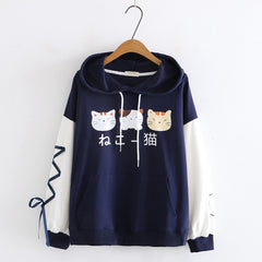 Cute Cat Print Ears Fleece Warm Pullover Hoodie