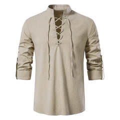 Stylish Men's Hippie Collar Drawstring Long Sleeve Shirt