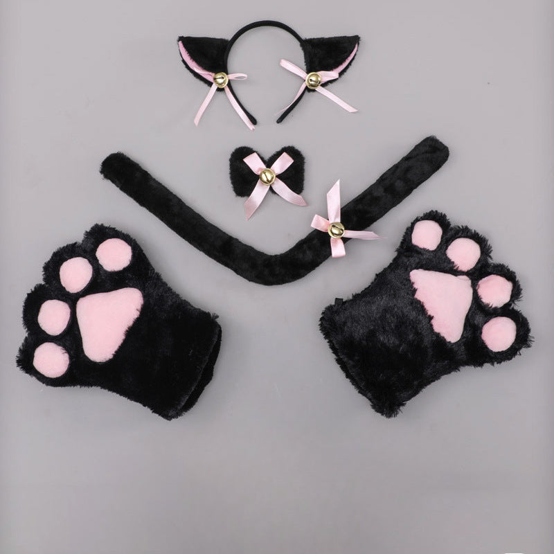 Cute Plush Cat Paw Bow Tie Ears Tail Cosplay Headband Set