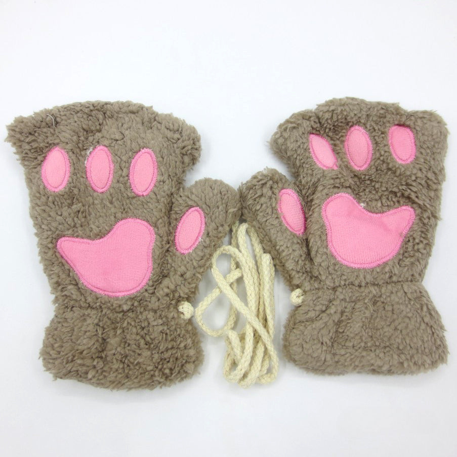 Half-fingered Cartoon Bear Cat Paws Fluff Gloves