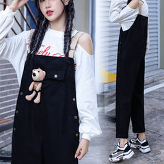 Girls Casual Bear Decorate Strappy Wide-leg Jumpsuit