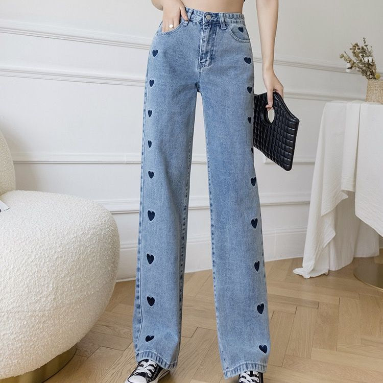 Trendy Women Hearts Embroidered High Waisted Wide Leg Jeans